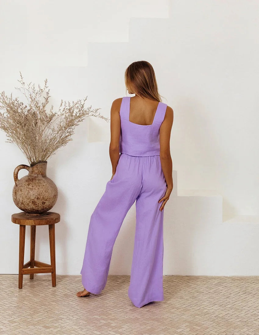 Women Casual Solid Color Suit Sweet 2 piece Set Sleeveless Vest Wide Leg Pants Cotton And Linen Sets Suumer Fashion Women's Wear