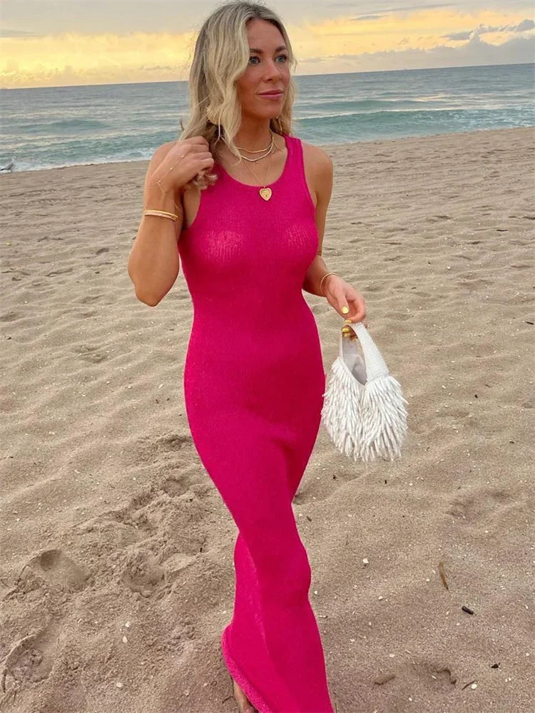 Summer Spliced See-through Long Dress Women Casual Sleeveless Vest Long Dress Solid Color Sequined Slim Party Dress 2024 New