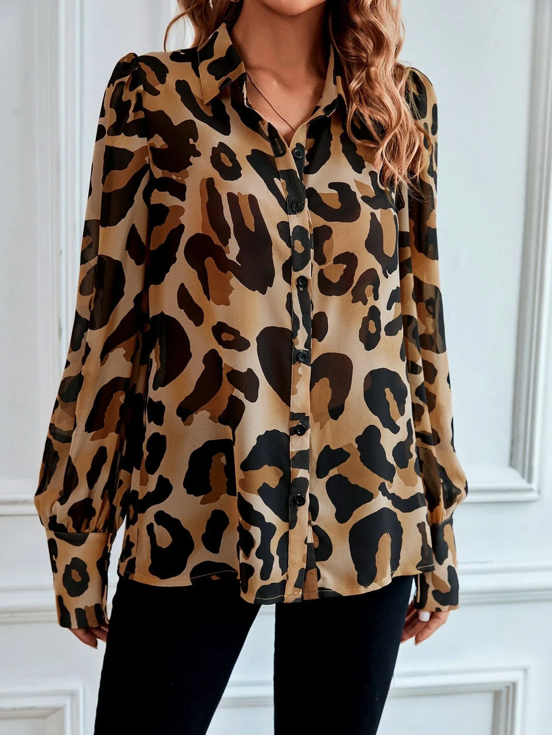 Spring and autumn ladies full print leopard print lapel shirt  long-sleeved blouse  suitable for commuting work leisure office b