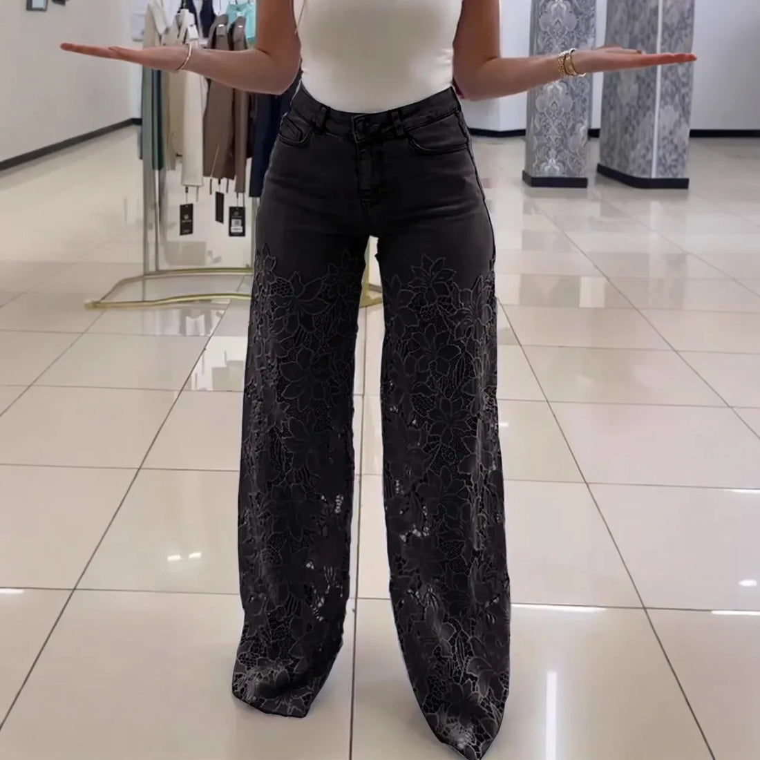 Women's Spring Summer Fashion Hollow Out Lace Splicing Denim Drape Pants Full Length Trousers
