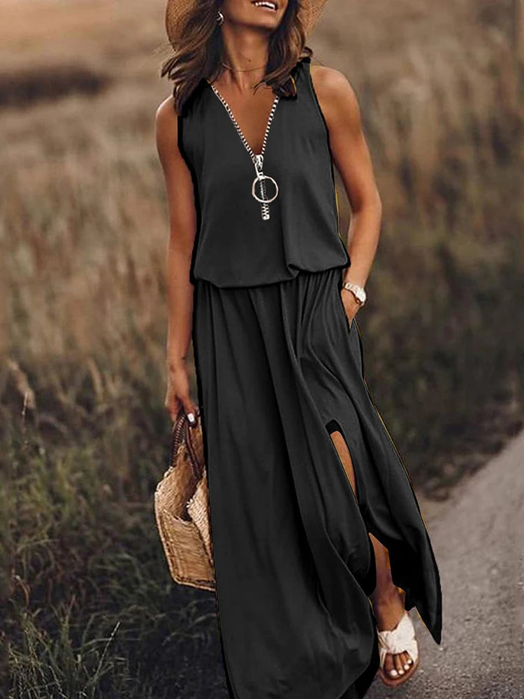 Fashion Sleeveless Tank Zipper Long Dress Women 2023 Summer Loose Casual Solid Slit Elegant Ladies Dresses For Women