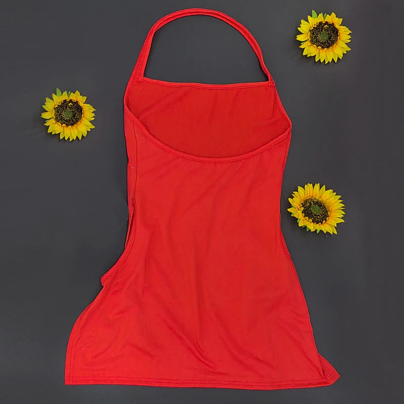 New Solid Color Sling Mini Dress Metal Buckle HollowHip Deep Split Metal Circle Decoration Hottie Girls Spicy Clubwear Street