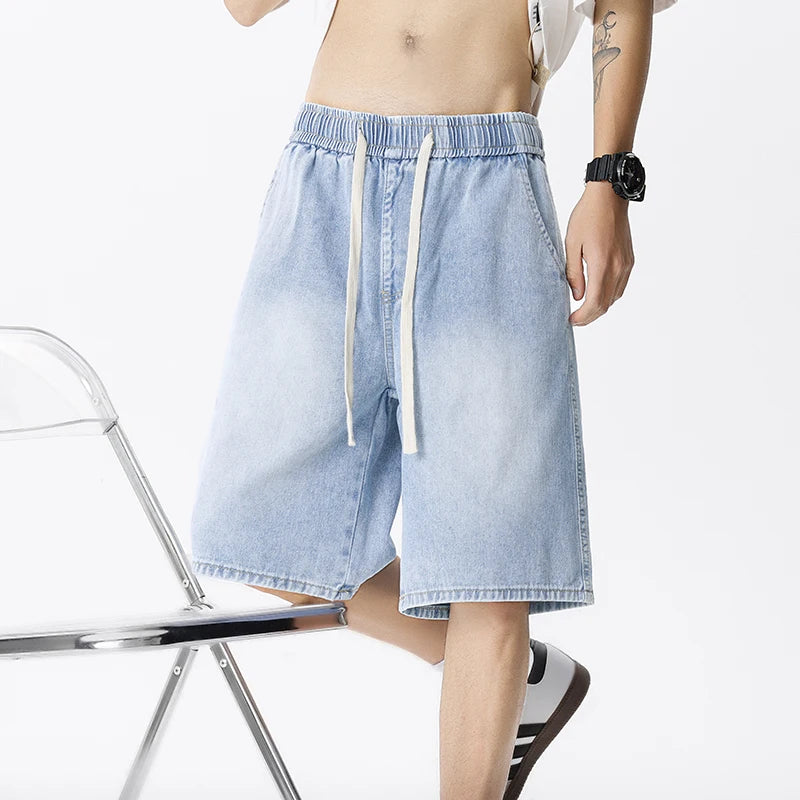 Casual Denim Shorts Men Elastic Waist Straight Comfortable Light Blue Soft Short Pants Baggy Wide Bermuda Male Jeans