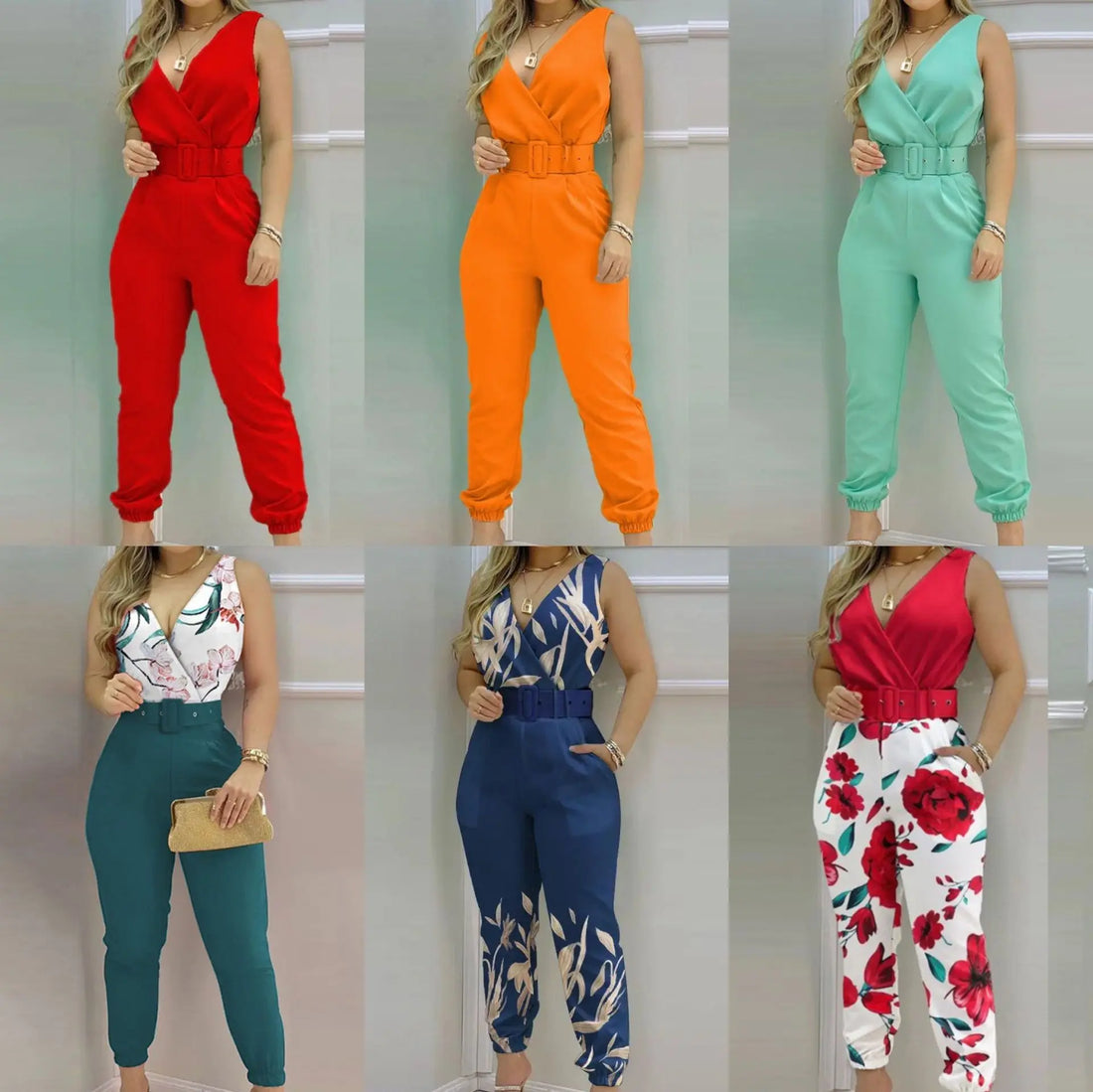 New Casual Women's Pants Women's V-neck Open Back Printed High Waist Jumpsuit Women (including Belt) Spring and Summer 2023