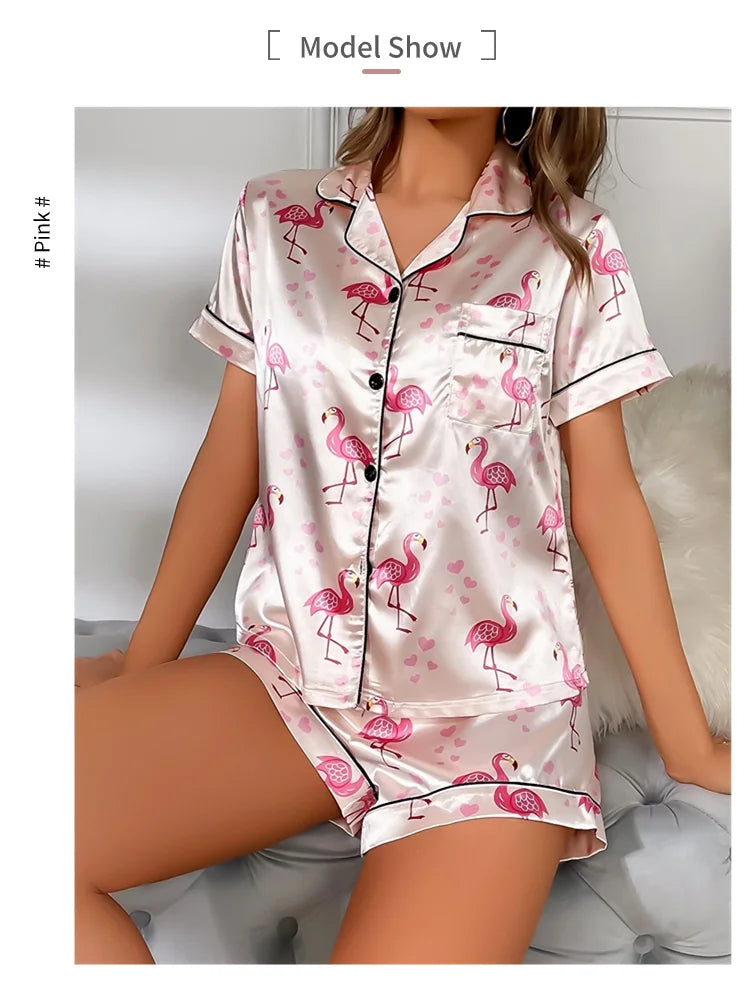 Women's Pajama Pj Set Heart Print Satin Pyjama Casual Short Sleeve Lapel Collar Tops & Pants Sleepwear & Loungewear for Adults