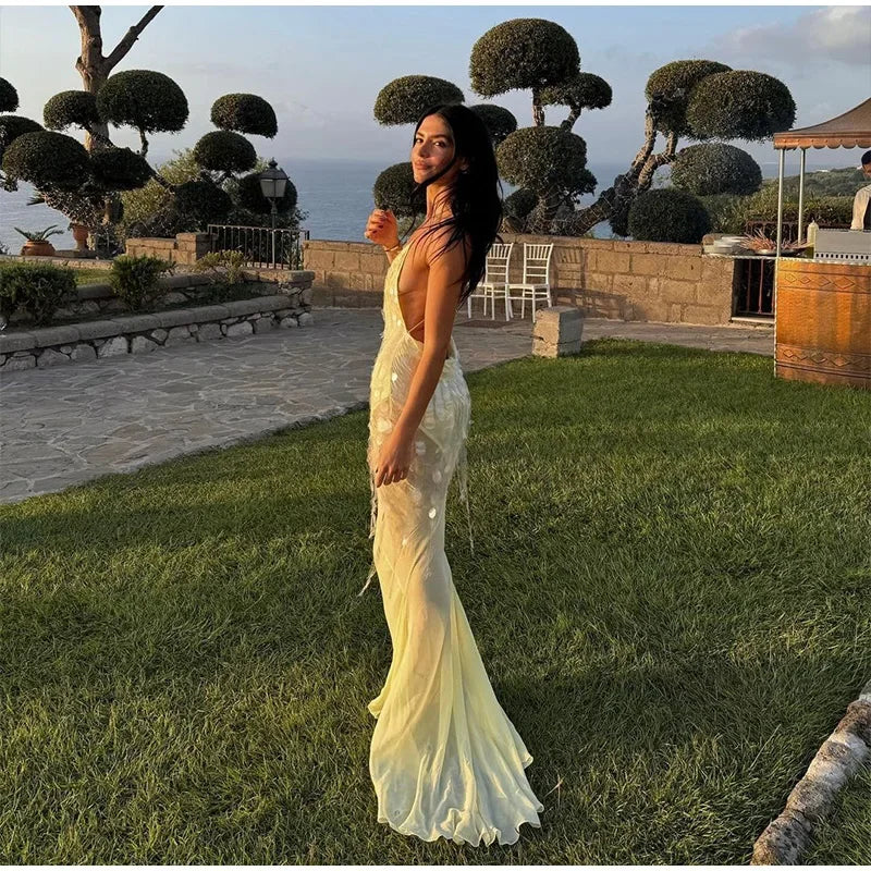 Sexy Sequins Backless Long Mermaid Dress Women Bodycon Halter Neck Sleeveless See Through Party Dresses 2024 Autumn Evening Gown