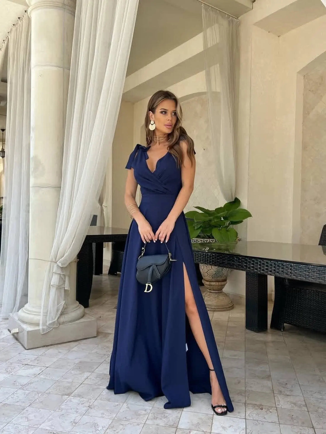 Summer New Women's V-neck Sleeveless Waist Wrap Slim Split Dress Dress Long Dress