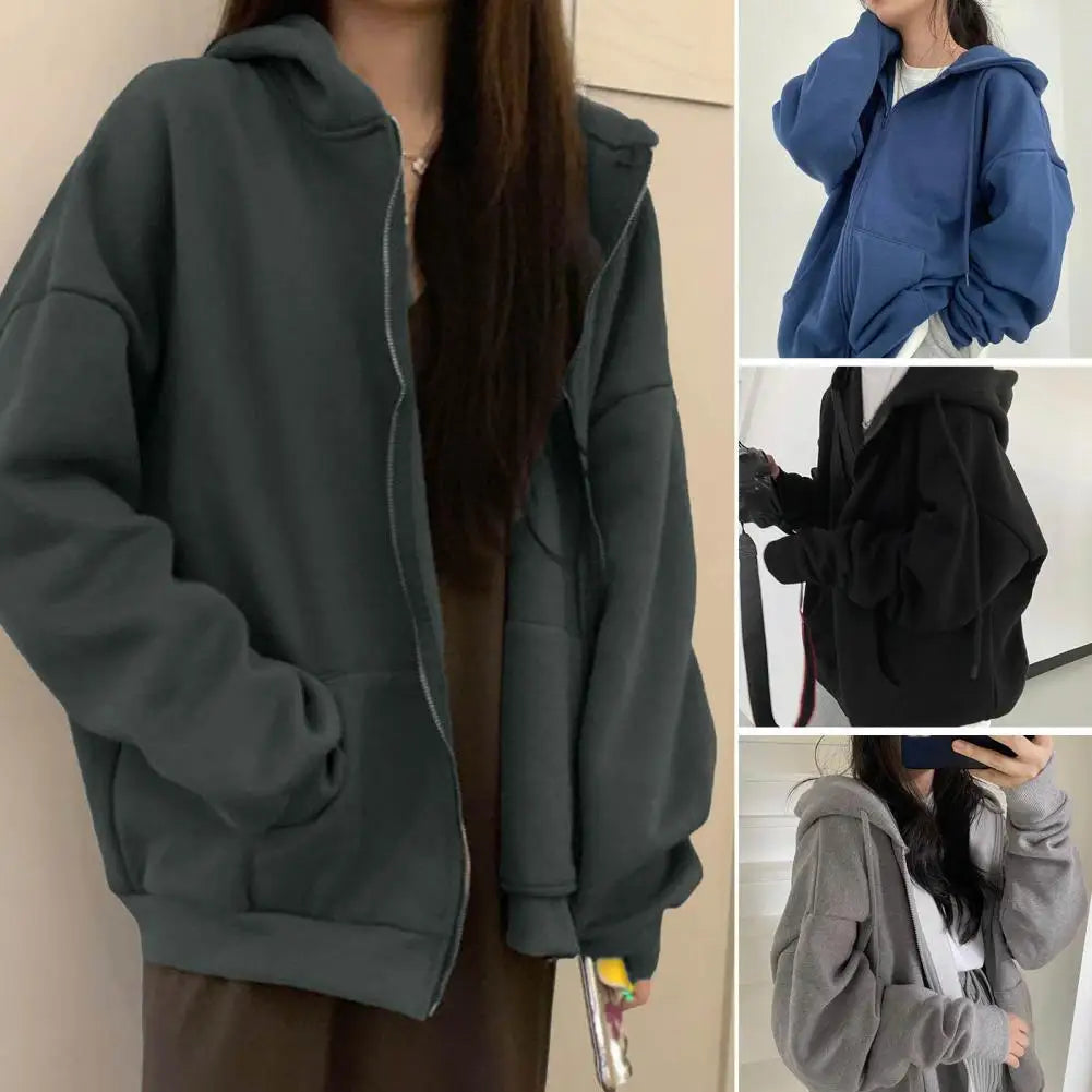 Streetwear Thick Hooded Hoodie Women Vintage Long Sleeve Embroidery Loose Zip Up Hoodies Autumn Couple Sweatshirt Jacket