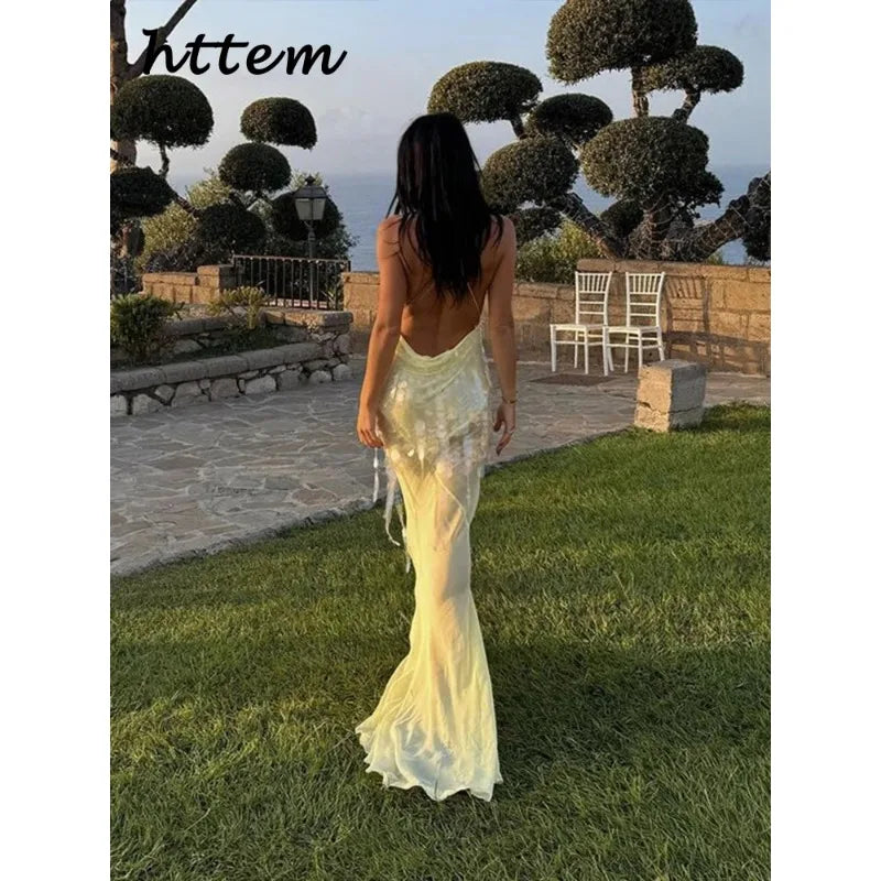 Sexy Sequins Backless Long Mermaid Dress Women Bodycon Halter Neck Sleeveless See Through Party Dresses 2024 Autumn Evening Gown