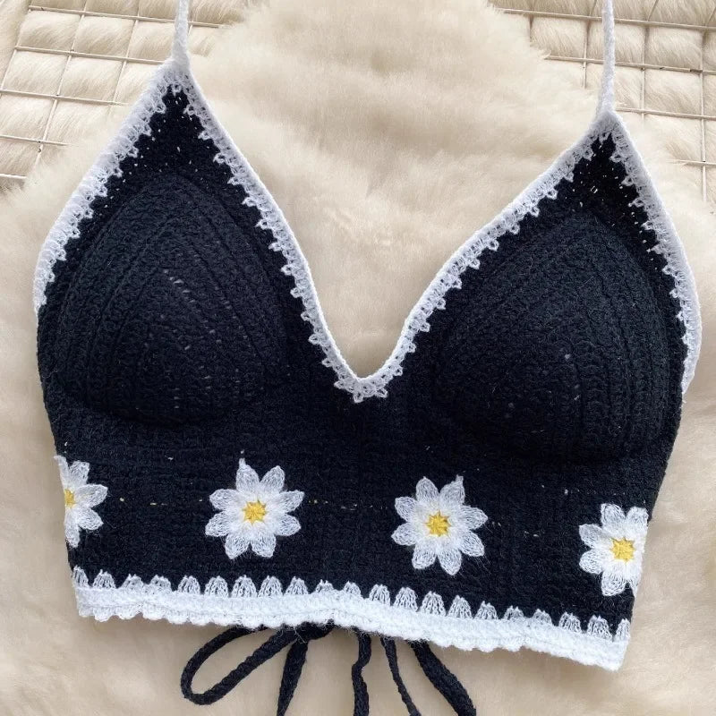 Vacation Style Camis Vest Women Patchwork Sweet Hook Flower Sexy Backless Suspender Camisole Hanging Neck Outwear Crop Tops