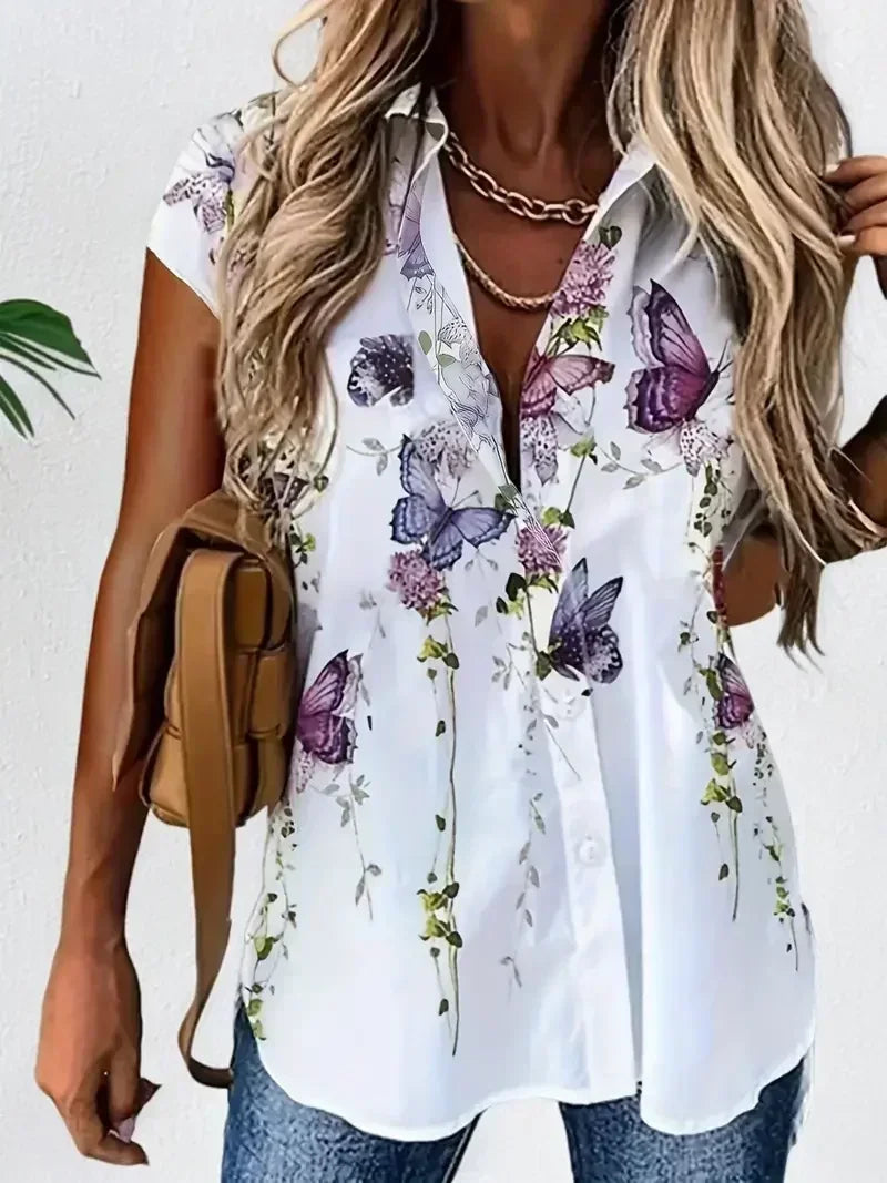 Plus Size 1XL-5XL Women Fashion Spring and Autumn Casual Short Sleeve Buttons Blouse Versatile Butterfly Print Blouse Shirt