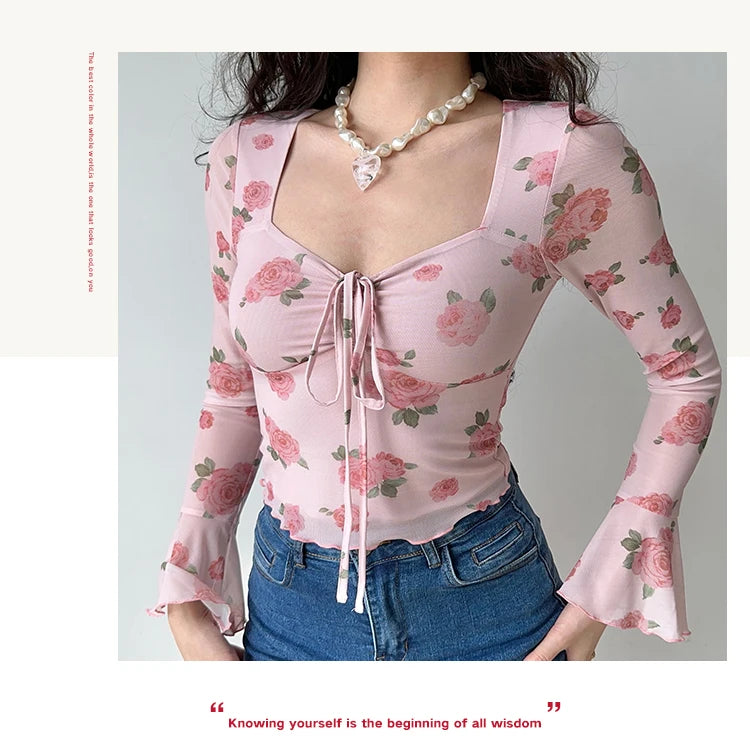 HELIAR Women Floral Printed Sweet Holiday T-shirts Flare Sleeve Lace Up Chiffon Office Blouse Mesh Beach Tees Top Spring Summer