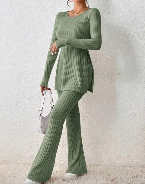 Autumn Winter Fashion Knit Suit 2024 Casual Loose Pullover+Elastic Long Pants Print Knitted Solid Two Pieces Sets Women Clothing