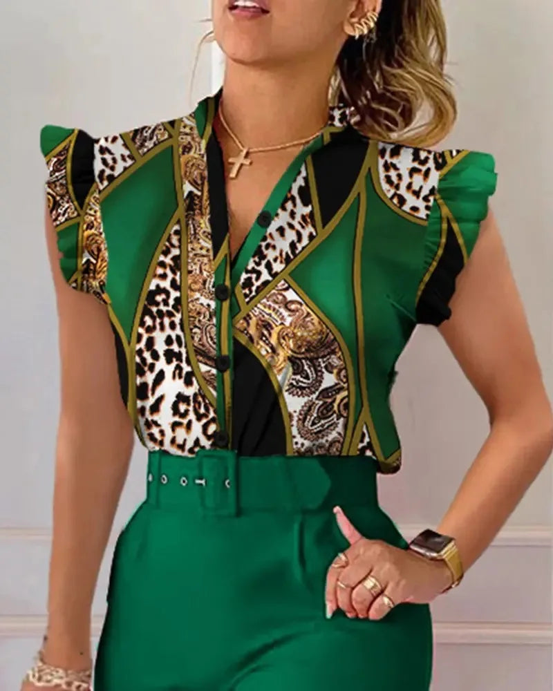 Spring Summer Women's New Printed Lotus Leaf Sleeveless Shirt Suit Elegant Slim Femal Office  Long Pants Belt Two Piece Set 2025