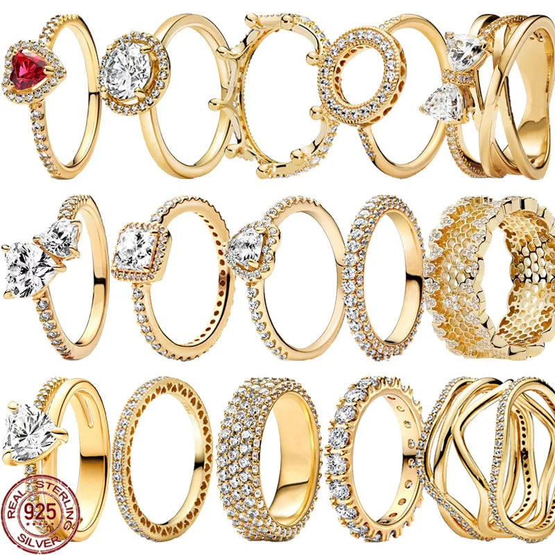 New 925 Sterling Silver Shiny Classic Gold Color Crown Bow Heart-shaped Rings Exquisite Luxury Charm Women's Jewelry Party Gifts