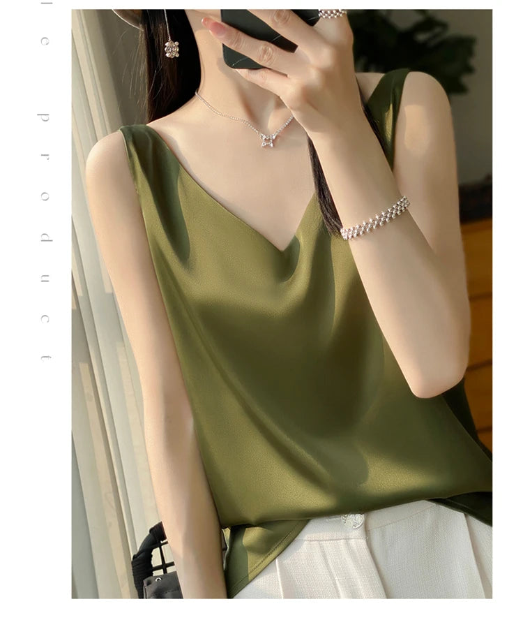 2024 New Silk Satin Women's Tank Top Basic V-neck Multi Color White Black Women's Sleeveless Top Summer Sexy Bottom