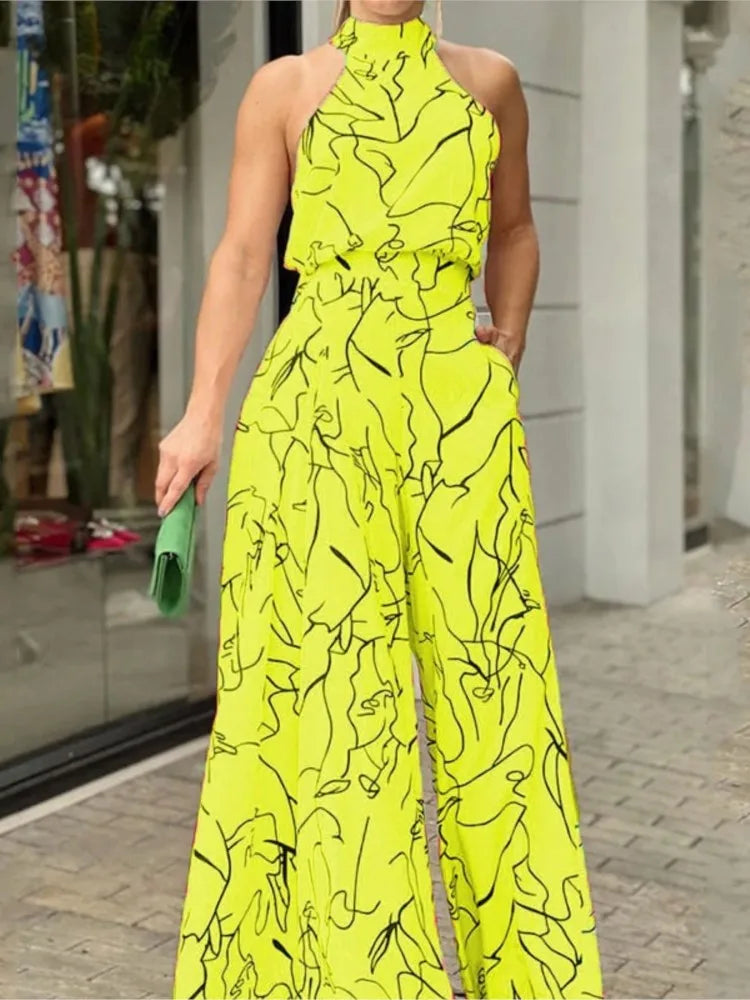 Women's New Fashion Round-neck Sexy Printed Jumpsuit Trousers Simple Sleeveless High Waist Tie Temperament Commuting Jumpsuit