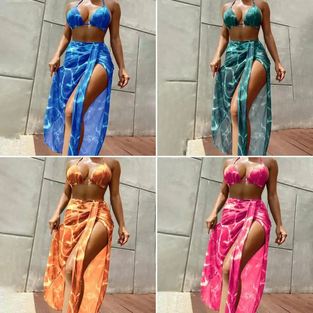 3 Pcs/Set Women Swimsuit Set Lace-up Halter Neck Bikini Set Wireless Summer Beach Swimwear Bathing Suit Wading Sports Clothes