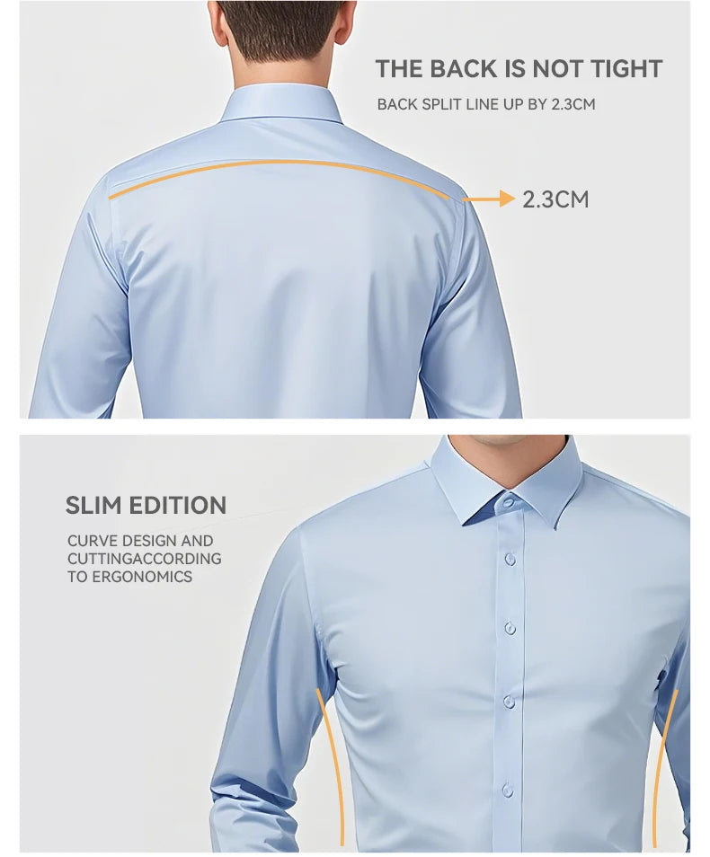 Hot New Mens Formal Shirts Long Sleeve Solid Color Anti-Wrinkle Stretch Fashion Business Free Slim Fit Office Social White Shirt