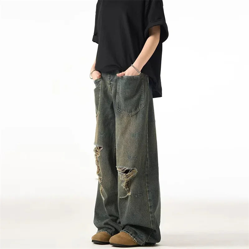 Spring American Retro Ripped Wide-leg Jeans For Men High Street Fashion Distressed Baggy Denim Pants 2025 New Casual Y2K Jean