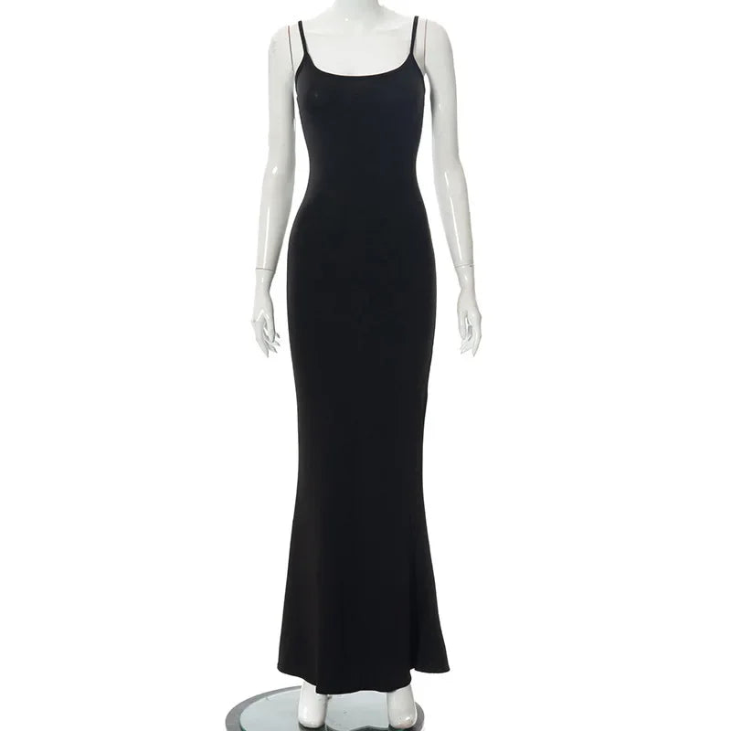 Y2K Backless Sexy Maxi Dress for Women 2025 Spring Slip Sleeveless Slim Party Concise Платье Female Bodycon Black Dress Vestidos