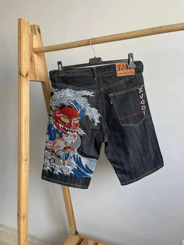 Streetwear Japanese Denim Shorts Y2K Jeans Mens Womens Harajuku Hip Hop Cartoon Baggy Shorts High Waist Casual Shorts