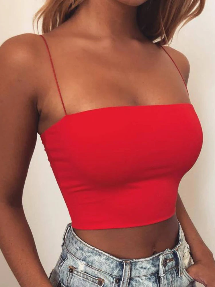 2024 New Fashion Women Spaghetti Strap Crop Top Sexy Bodycon Sleeveless Cami Tube Top Basic Plain Camisole