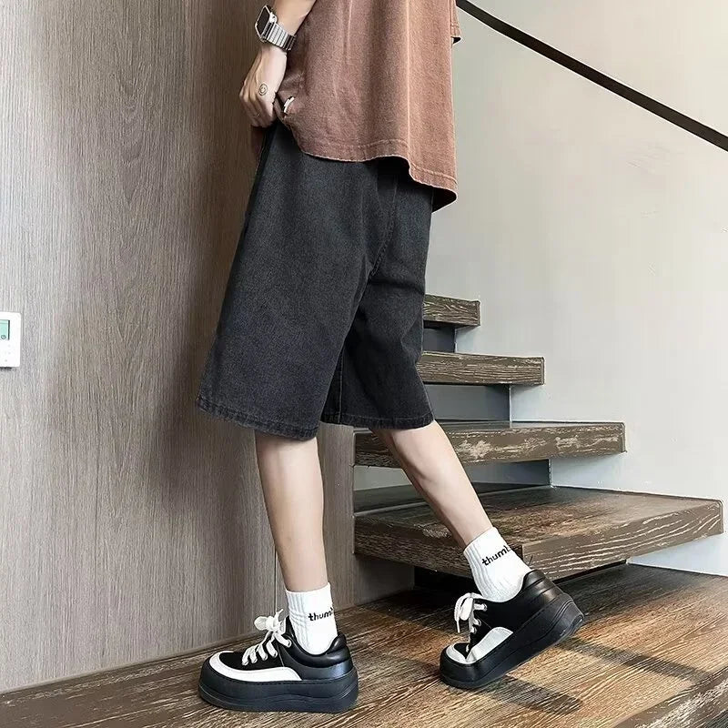 Summer Baggy Ripped Jorts For Men Y2K Streetwear Denim Shorts Retro Casual Shorts Pants Wide Leg Straight Blue Bermuda Jean