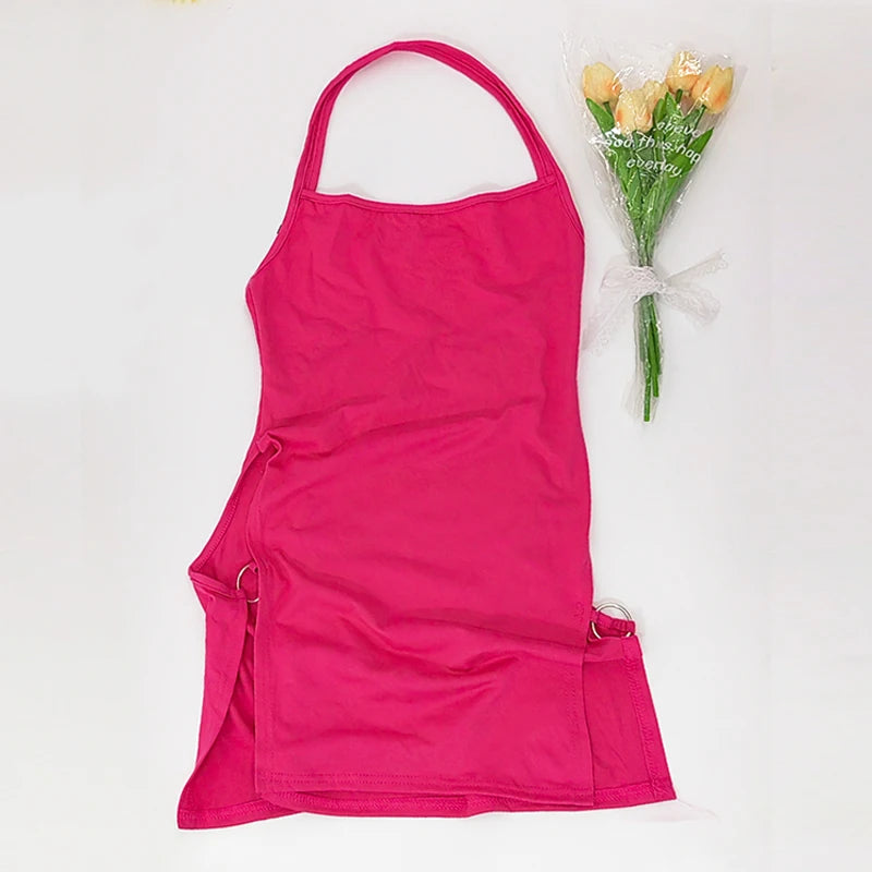 New Solid Color Sling Mini Dress Metal Buckle HollowHip Deep Split Metal Circle Decoration Hottie Girls Spicy Clubwear Street