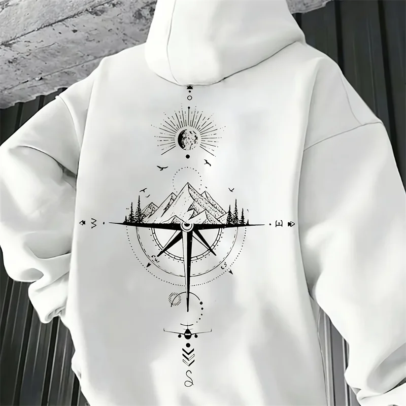 Vintage Compass Print Hoodies for Men High Quality Hooded Long Sleeve Pullover All Season Daily Casual Sports Tops Men's Clothes