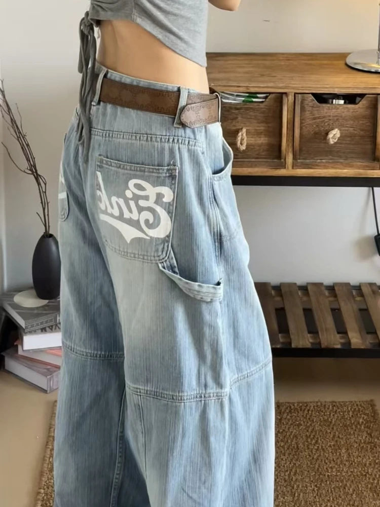 American Retro Cleanfit Print Baggy Jeans Women Y2K Pocket Loose Wide Leg Jeans Cargo Pants Korean Trend Denim Pants Streetwear