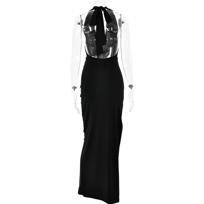 Mozision Halter Deep V Neck Backless Sexy Maxi Dress For Women Fashion Solid Sleeveless Bodycon Club Party Evening Long Dress