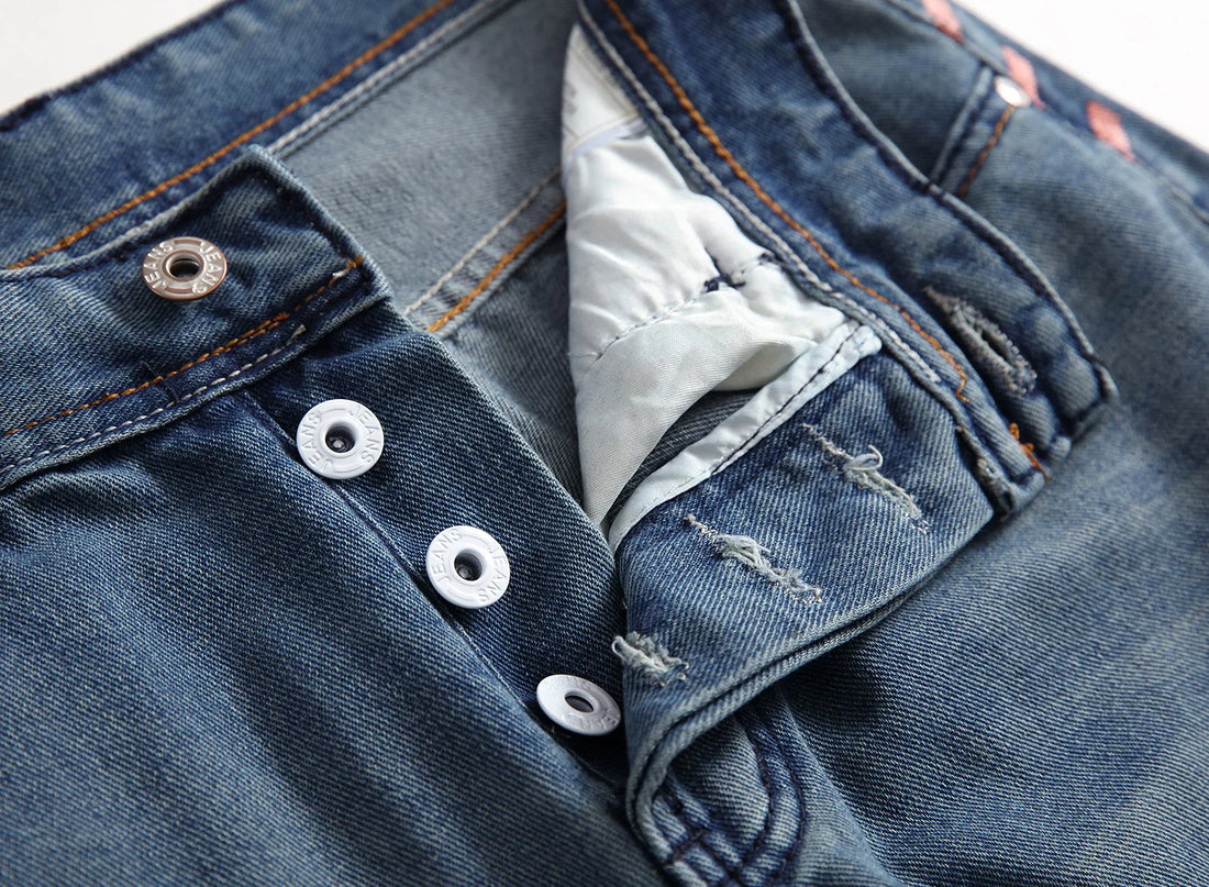 Men Pants High Quality Streetwear Men's Ripped Nostalgic Scratched Jeans Casual  Button Straight Denim Trousers Male Pant