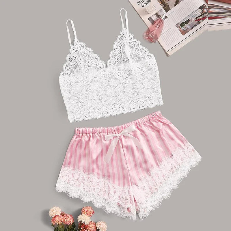 Satin Silk Pajamas Set Women Sexy Lace Sleepwear Summer Hot V-neck Sleeveless Pijamas Faux Silk Homewear Pink Striped Nightwear